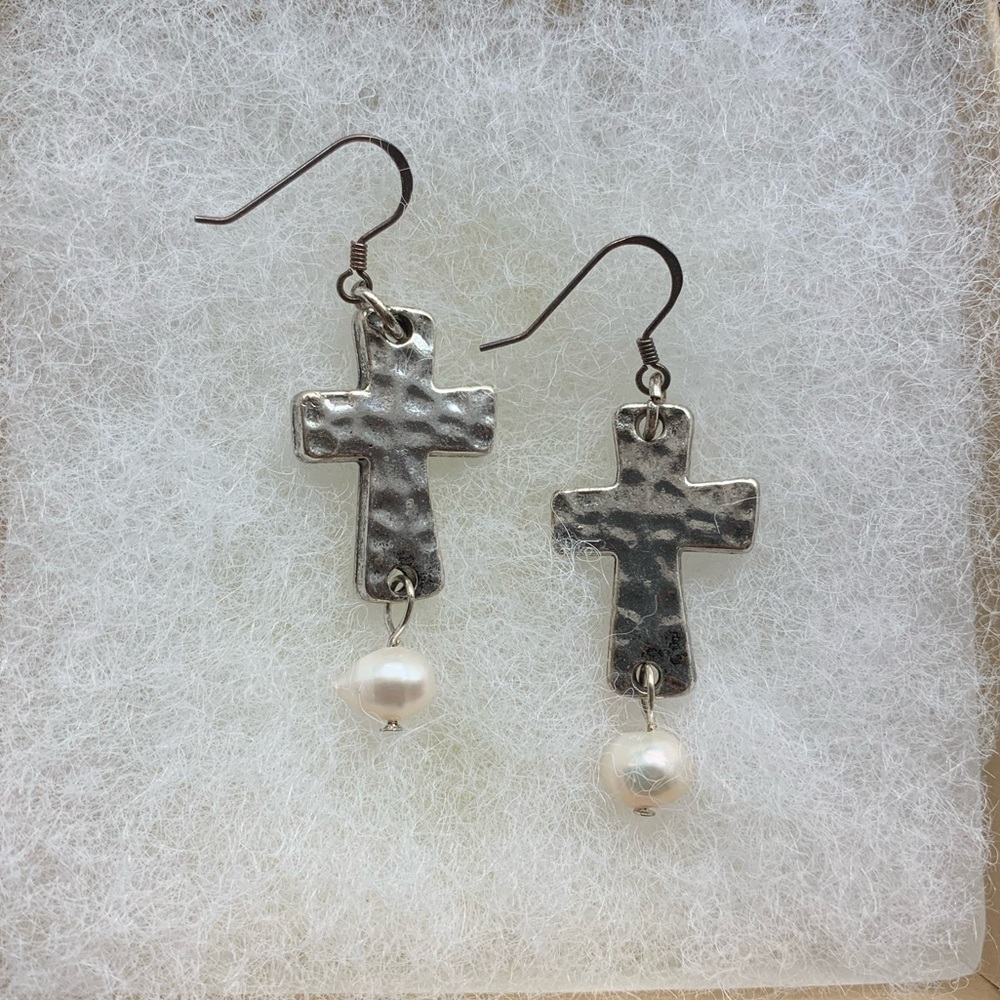Silver Cross & Pearl Earrings
